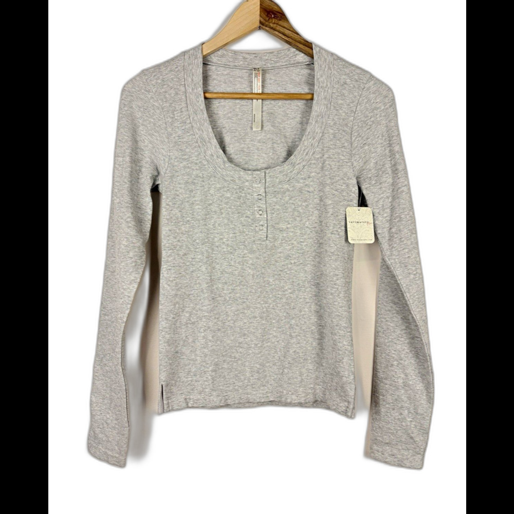 Free People Intimately Heather Gray Knit Scoop Neck Henley Top Long Sleeve L/XL
